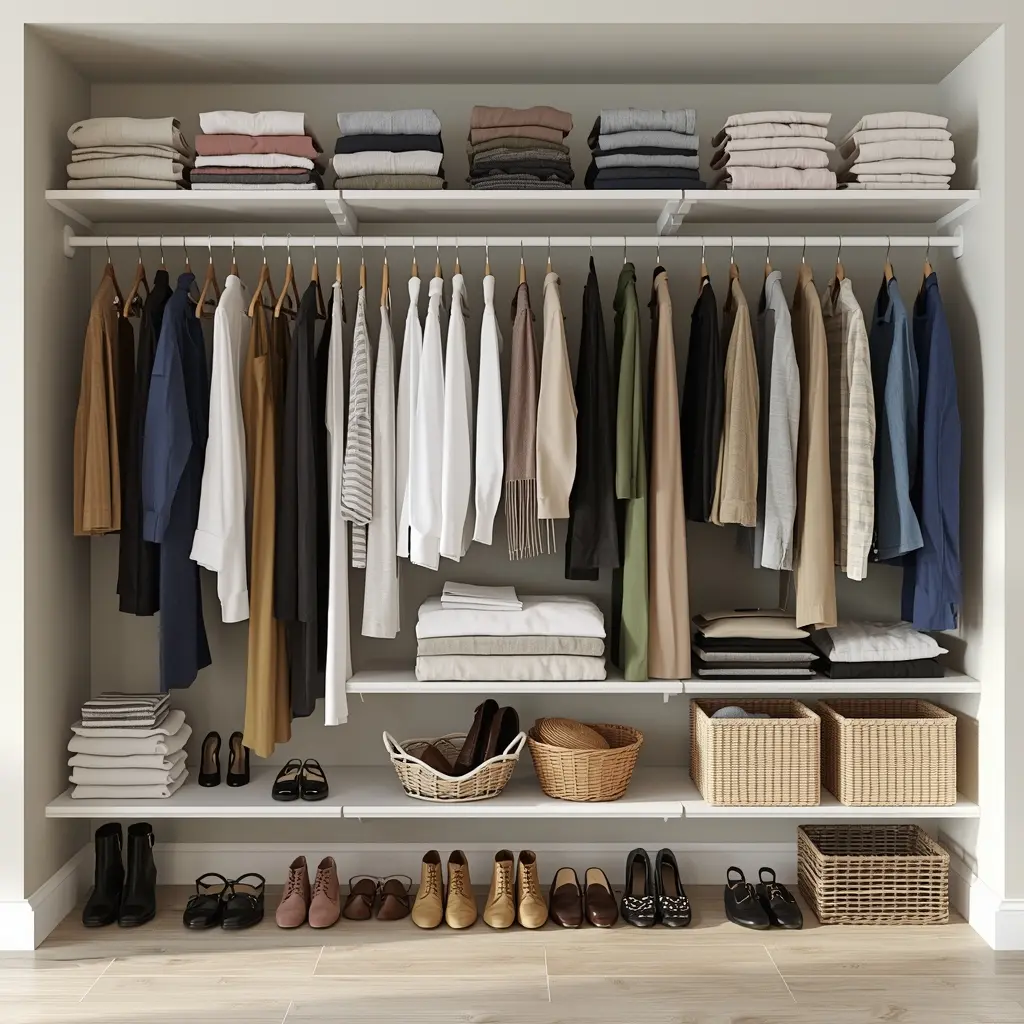 Well-organized closet with categorized clothing